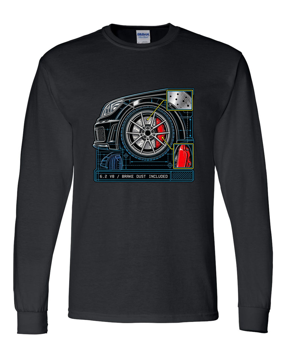 Retro manga ink burnout illustration of a Mercedes C63 Coupe C204 with tyre text black long sleeve front view with the design