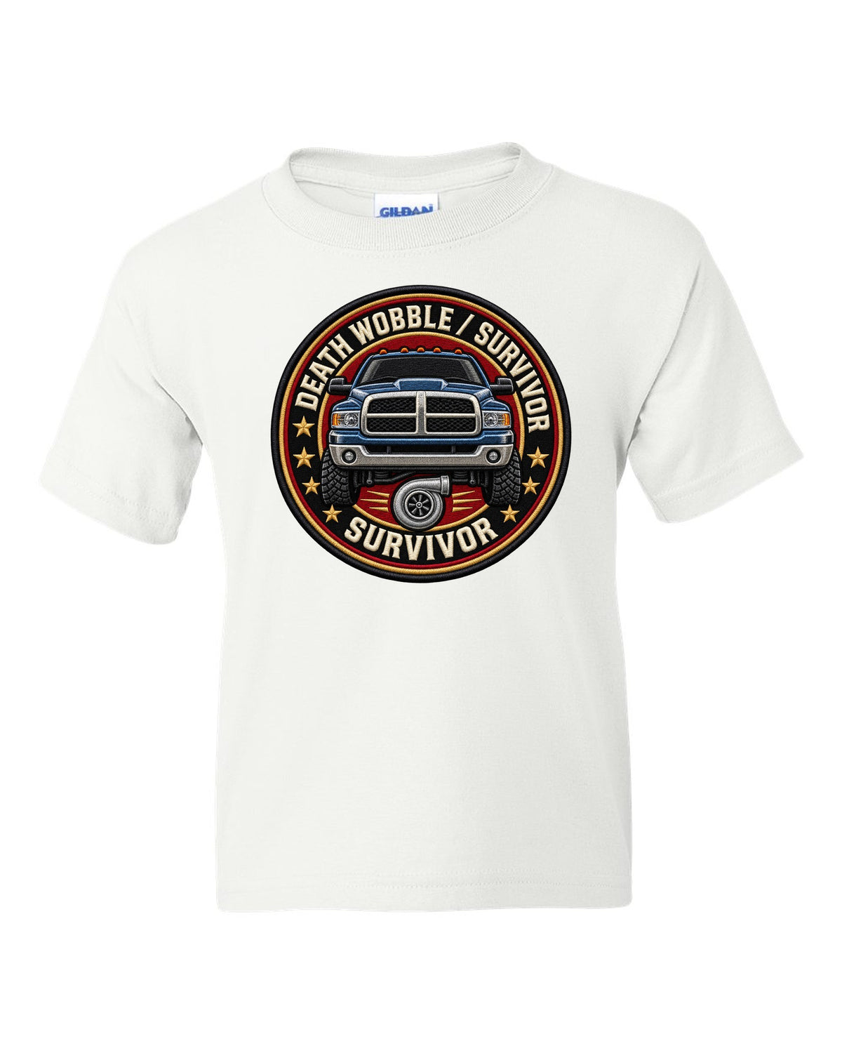 Round varsity crest print for the 2003-2009 Dodge Ram 2500 Cummins reading death wobble survivor white kids tee front view with the design