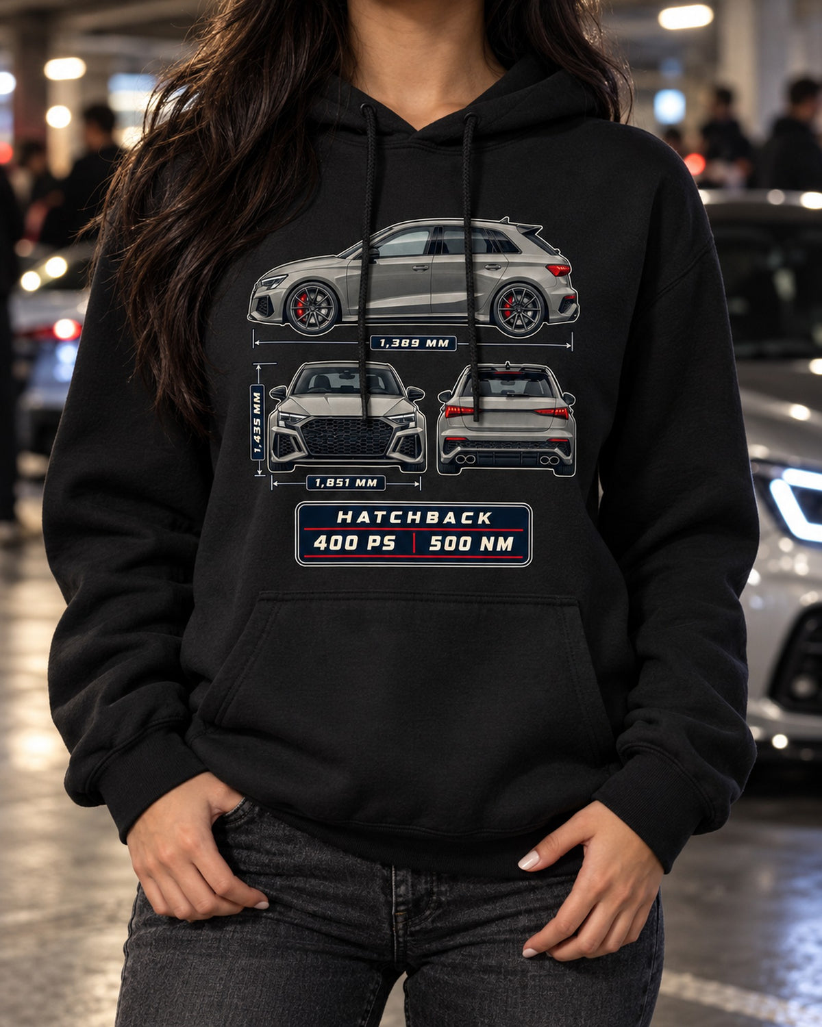 Audi RS3 8Y Sportback Three-View Spec Table Car Shirt Pull Over Hoodie Black worn hero