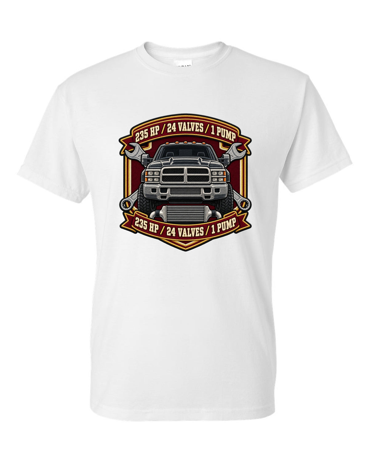 Varsity crest print for the 1998.5-2002 Dodge Ram 2500 24V Cummins with 235 HP, 24 valves, 1 pump white t-shirt front view with the design