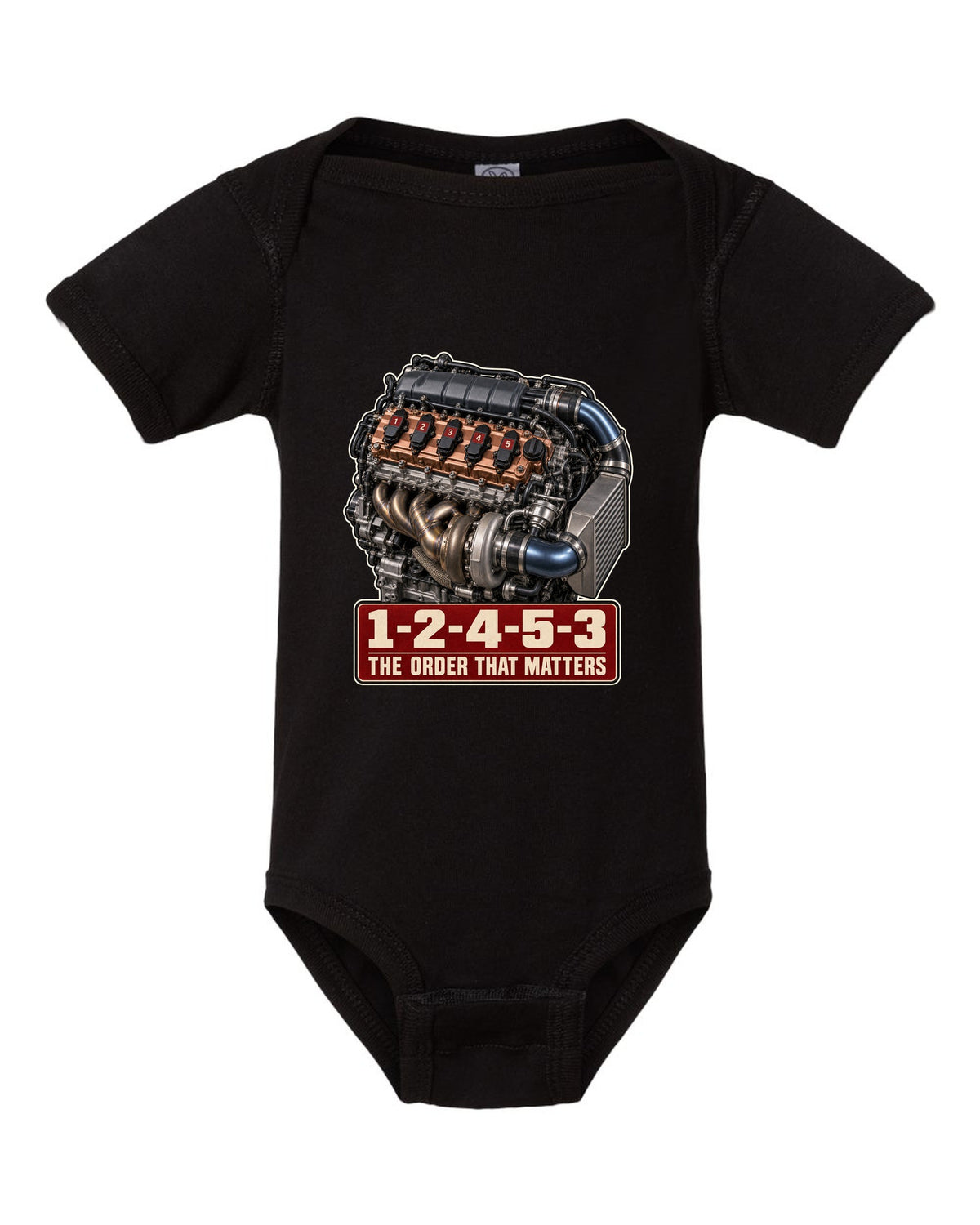 Audi TT RS 8S 2.5 TFSI five-cylinder engine poster with firing order black baby onesie front view with the design