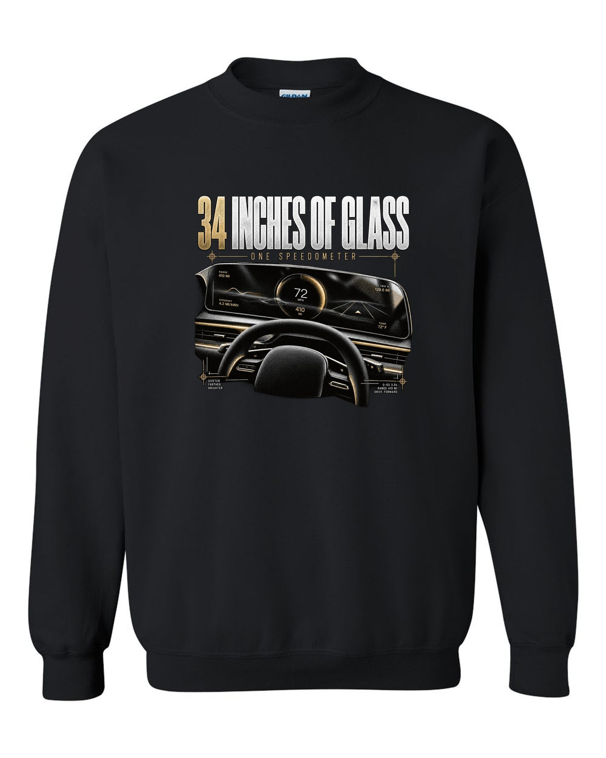 Lucid Air 2022 glass cockpit readout reading 34 inches of glass, one speedometer black crewneck front view with the design