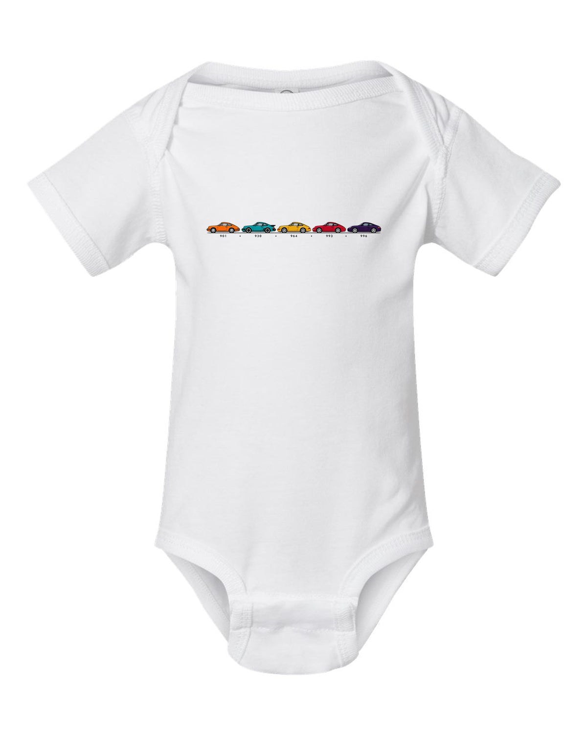 Retro Japanese showa advert style illustration of a 1955 Porsche 356 A Speedster white baby onesie front view with the design