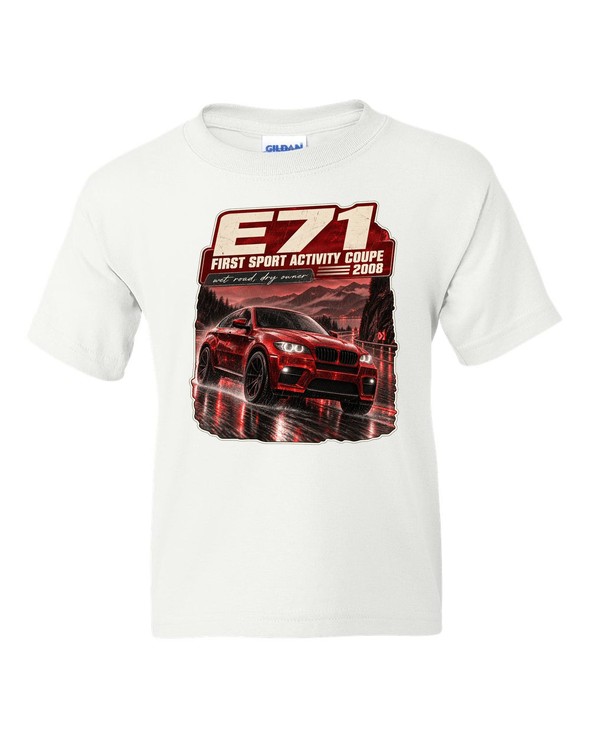 BMW X6 M E71 night street touge print on a tee white kids tee front view with the design