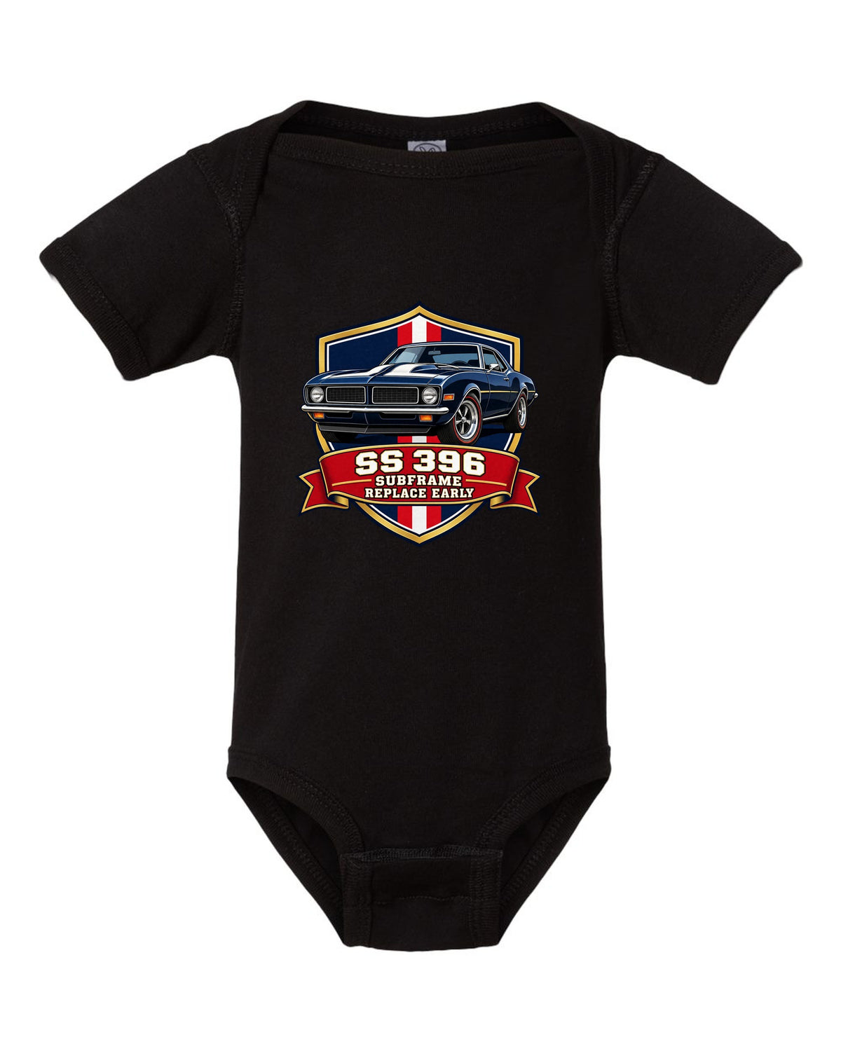 1968 Camaro SS 396 in a varsity shield design with text SS 396 Subframe Replace Early black baby onesie front view with the design