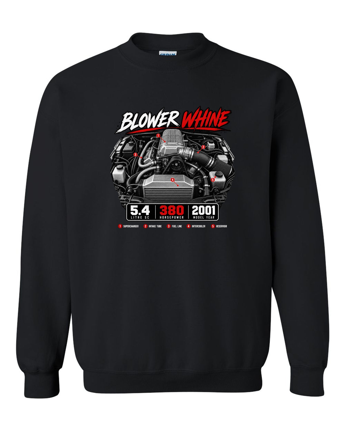 Ford F-150 SVT Lightning 1999-2004 engine hero print with blower whine and 5.4 SC black crewneck front view with the design
