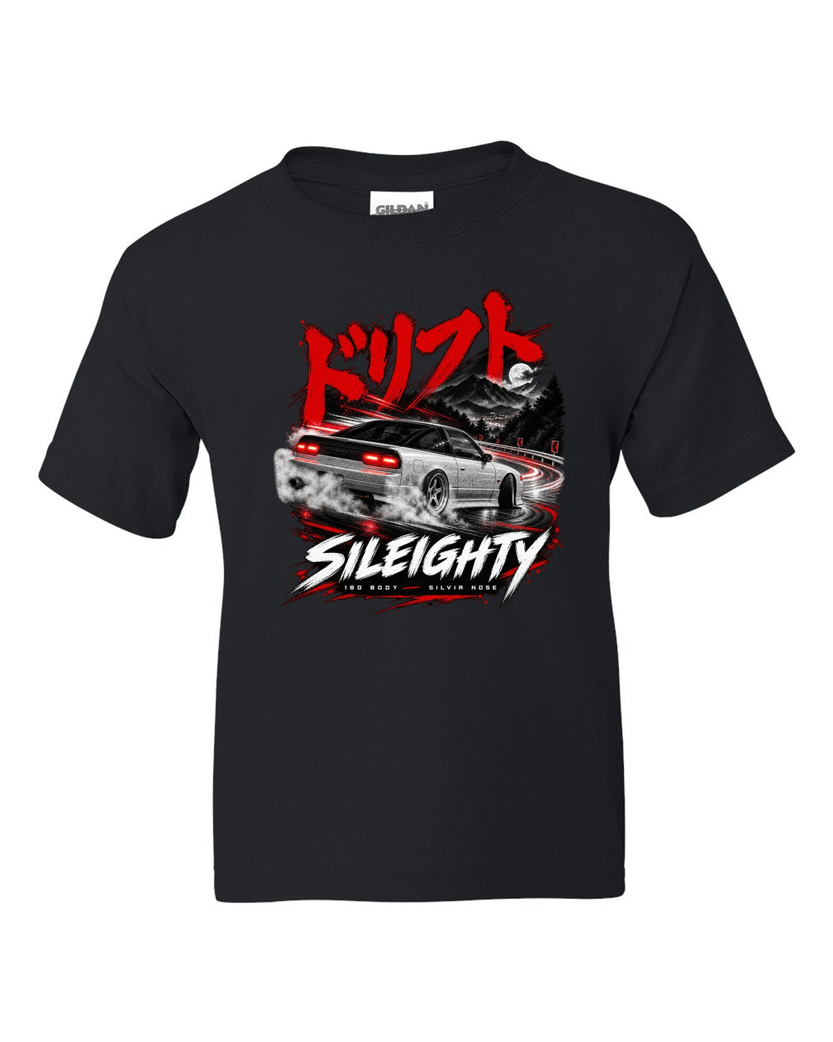 Touge night print of a Nissan Sileighty, 180SX body with Silvia nose black kids tee front view with the design
