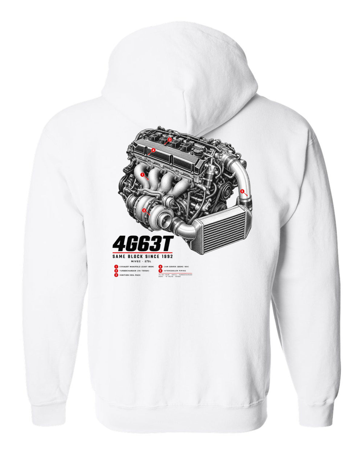 Engine hero print for the Mitsubishi Lancer Evolution IX MR CT9A reading 4G63T, MIVEC, 2.0L, same block since 1992 white zip hoodie back view with the design