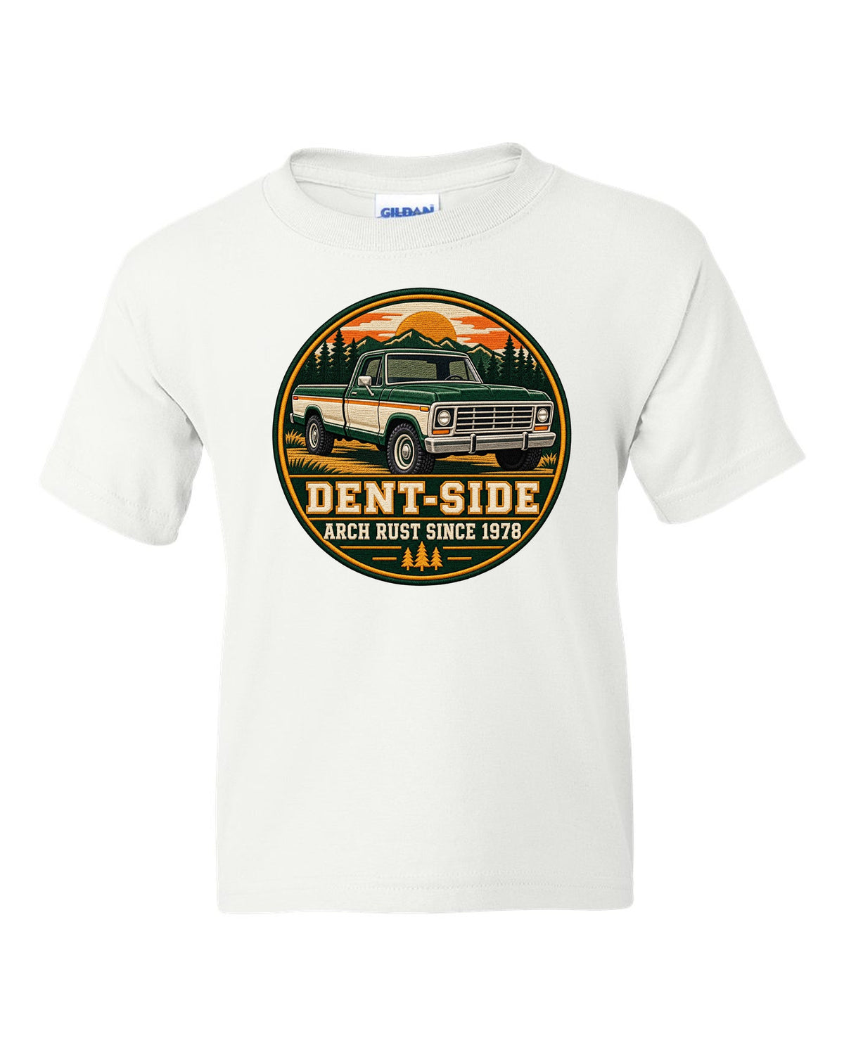 Dent-Side Ford F-150 1973-79 Varsity Crest Graphic Tee white kids tee front view with the design