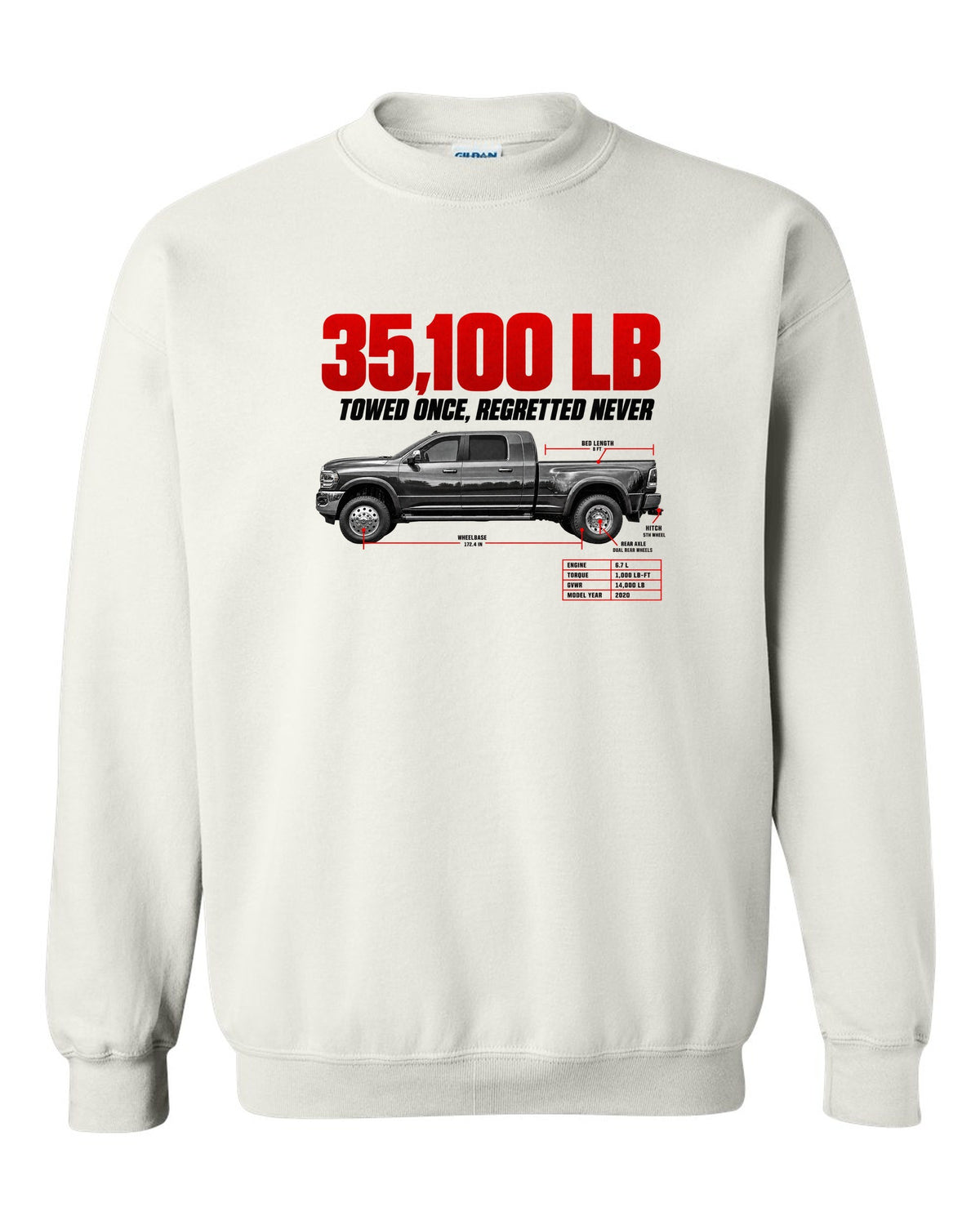 Ram 3500 5th Gen Side Profile Spec Poster Tee, 35,100 Lb white crewneck front view with the design