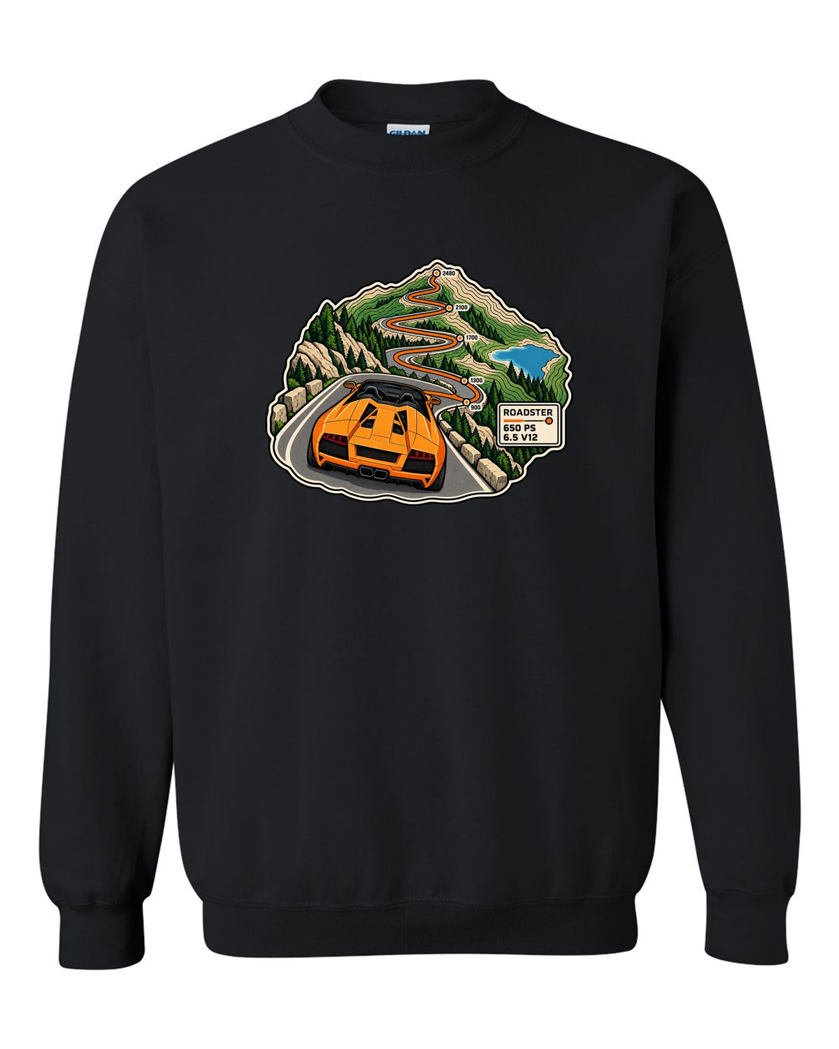 Topographic route map of a 2010 Lamborghini Murcielago LP650-4 Roadster with 650 PS and 6.5 V12 black crewneck front view with the design