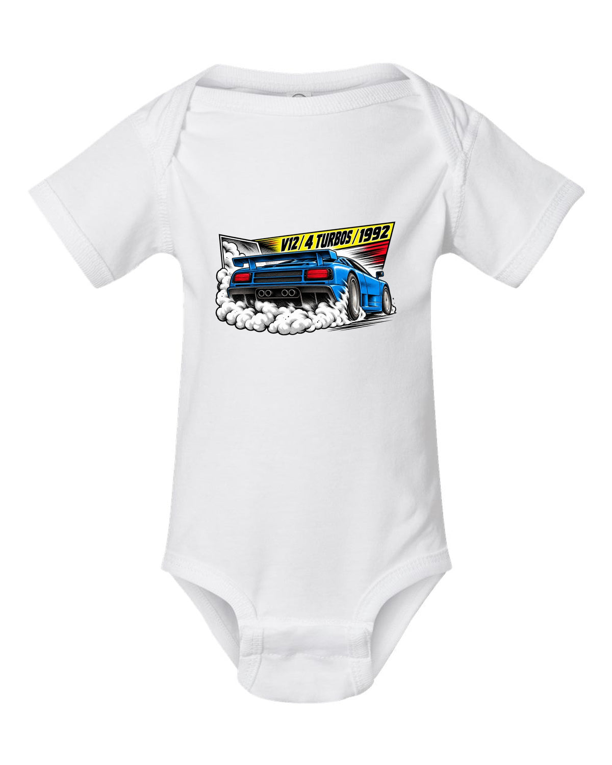 Retro manga halftone panel of a Bugatti EB110 SS burnout with V12 4 TURBOS 1992 lettering white baby onesie front view with the design