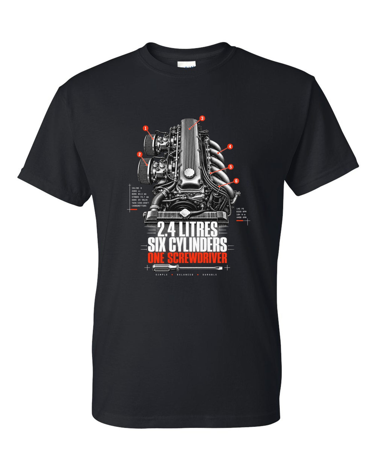 print of a Datsun 240Z L24 engine bay with six cylinders and screwdriver lettering black t-shirt front view with the design