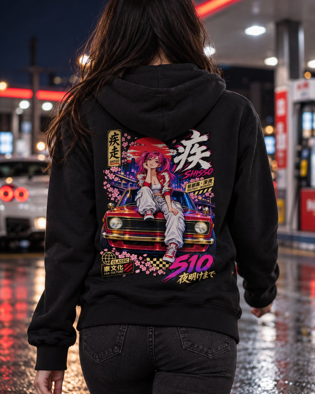 SHISSO 510 Anime Girl Full-Back Graphic Tee Zip Hoodie Black worn hero