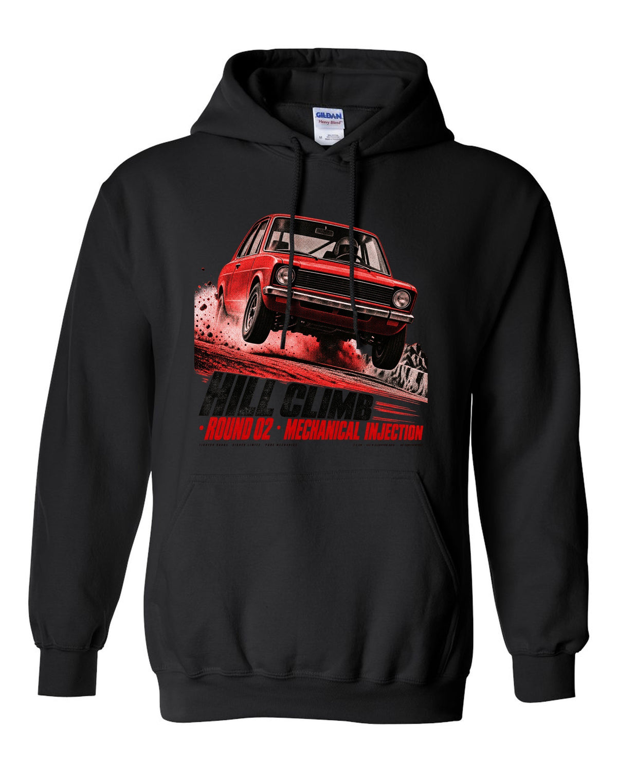 BMW 2002 tii hill climb race poster print with mechanical injection text black pull over hoodie front view with the design