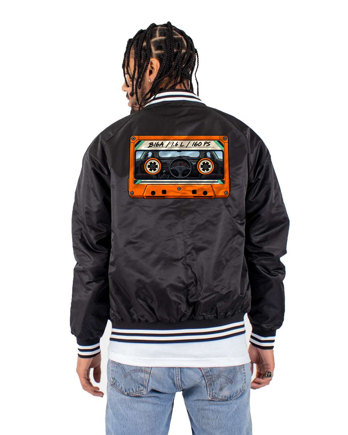 Honda Civic EG6 SiR B16A Cassette Label Shirt Bomber Jacket Black back