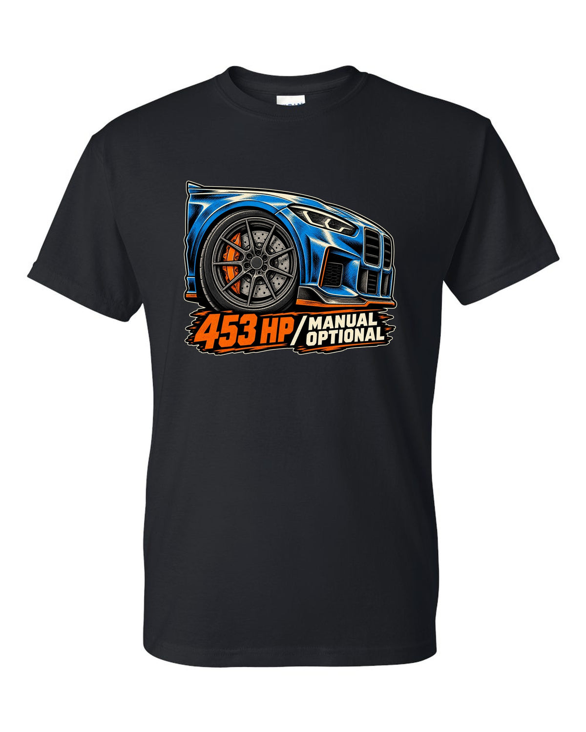 Embroidery-style shield crest print of a BMW M2 F87 with chargepipe fund text black t-shirt front view with the design