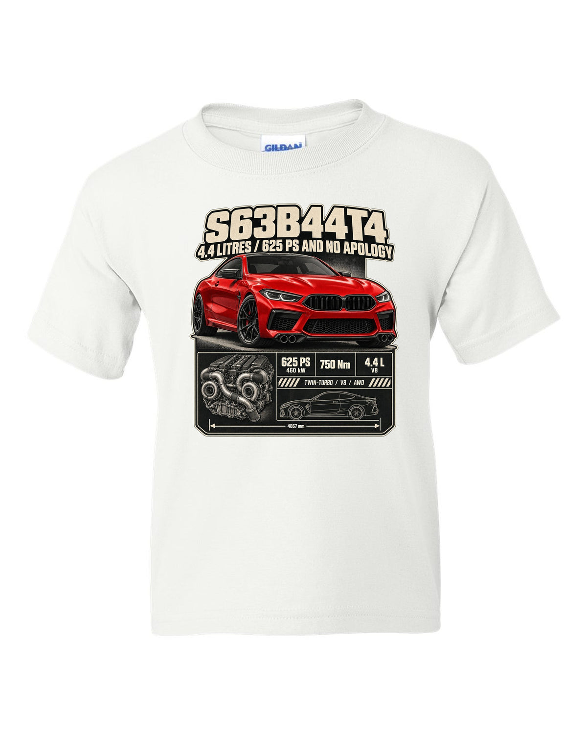 BMW M8 Competition Coupe F92 spec poster print on a tee white kids tee front view with the design