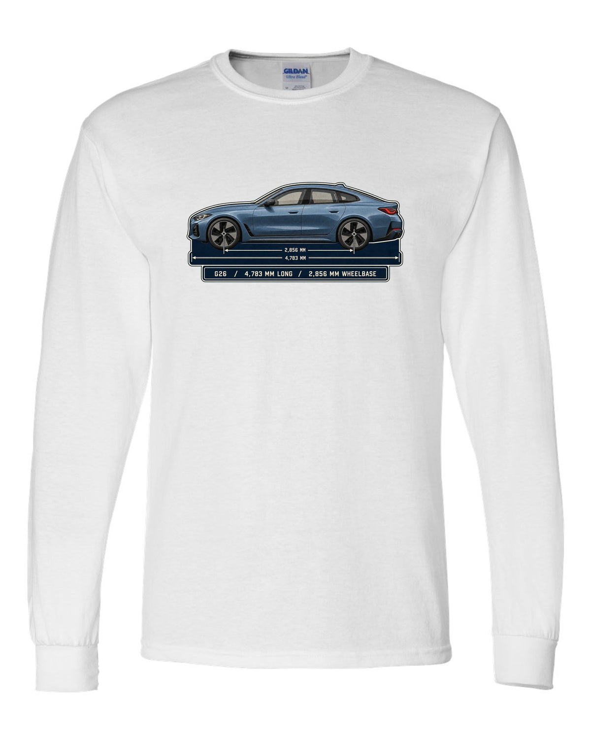 Dimension blueprint print of the BMW i4 M50 G26 Gran Coupe white long sleeve front view with the design