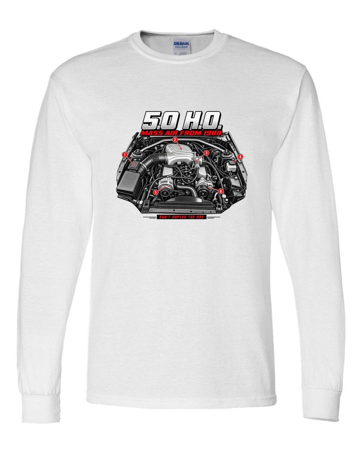 print of a 1989 Ford Mustang Fox Body 5.0 H.O. engine bay white long sleeve front view with the design
