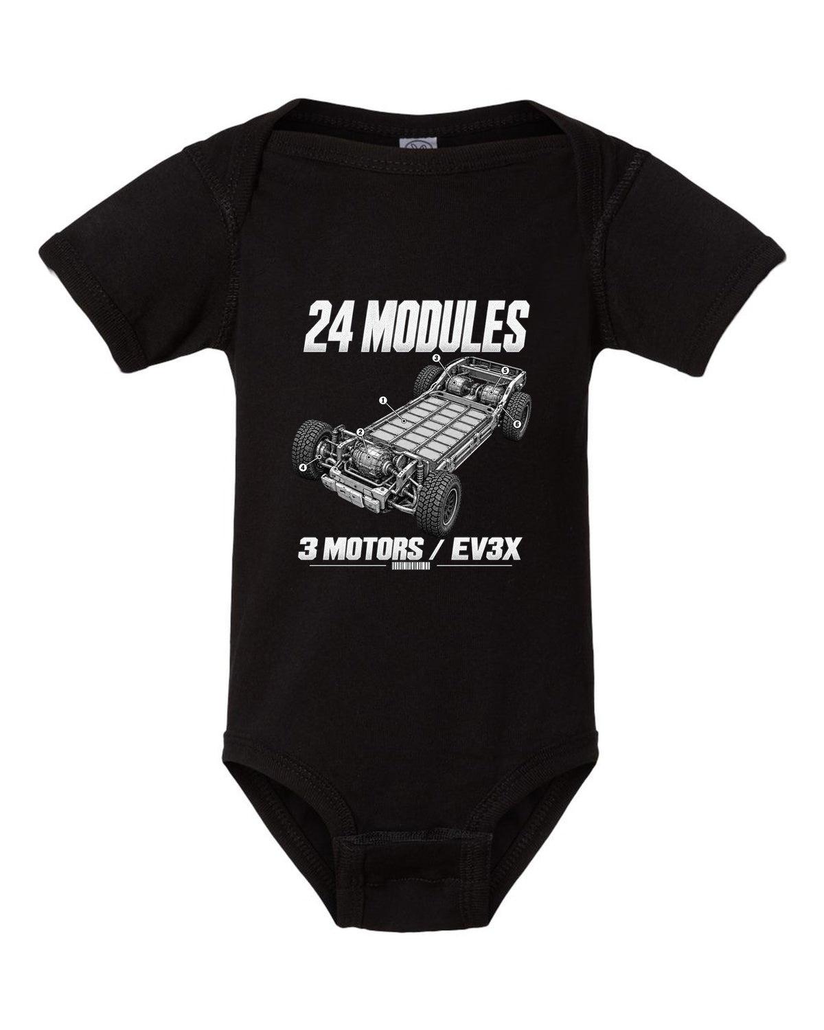 Cutaway of the GMC Hummer EV pickup battery pack and motors with labels black baby onesie front view with the design