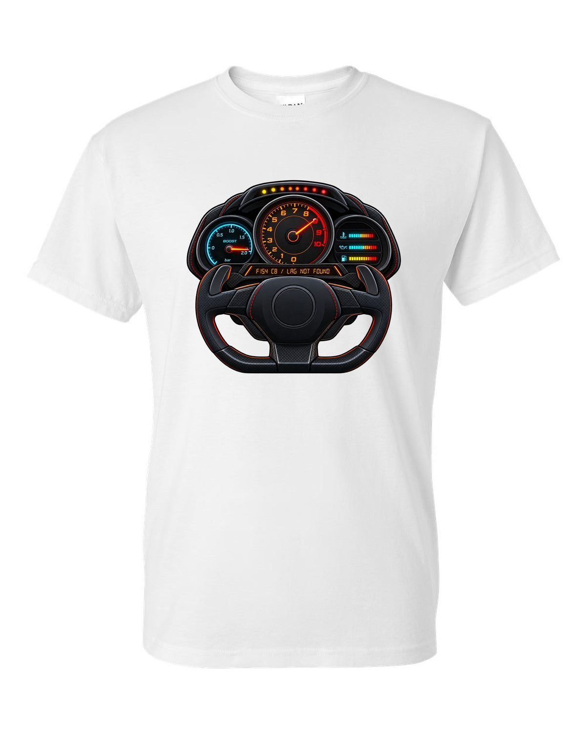 Ferrari 488 GTB boost gauge cockpit print with F154 CB engine code white t-shirt front view with the design