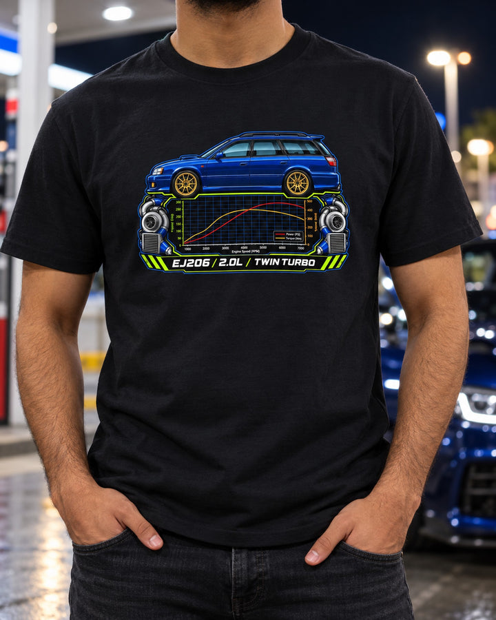 Subaru Legacy BH5 GT-B EJ206 Twin Turbo Dyno Sheet Shirt T-Shirt Black worn hero