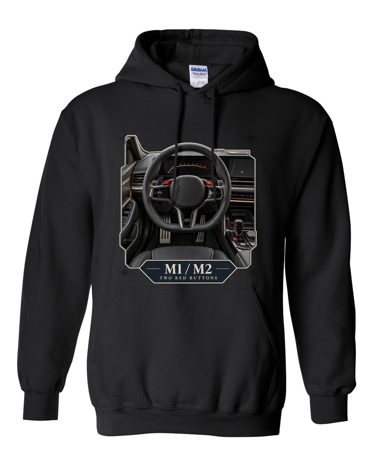 BMW M5 G90 cockpit and gauge cluster print on a tee black pull over hoodie front view with the design