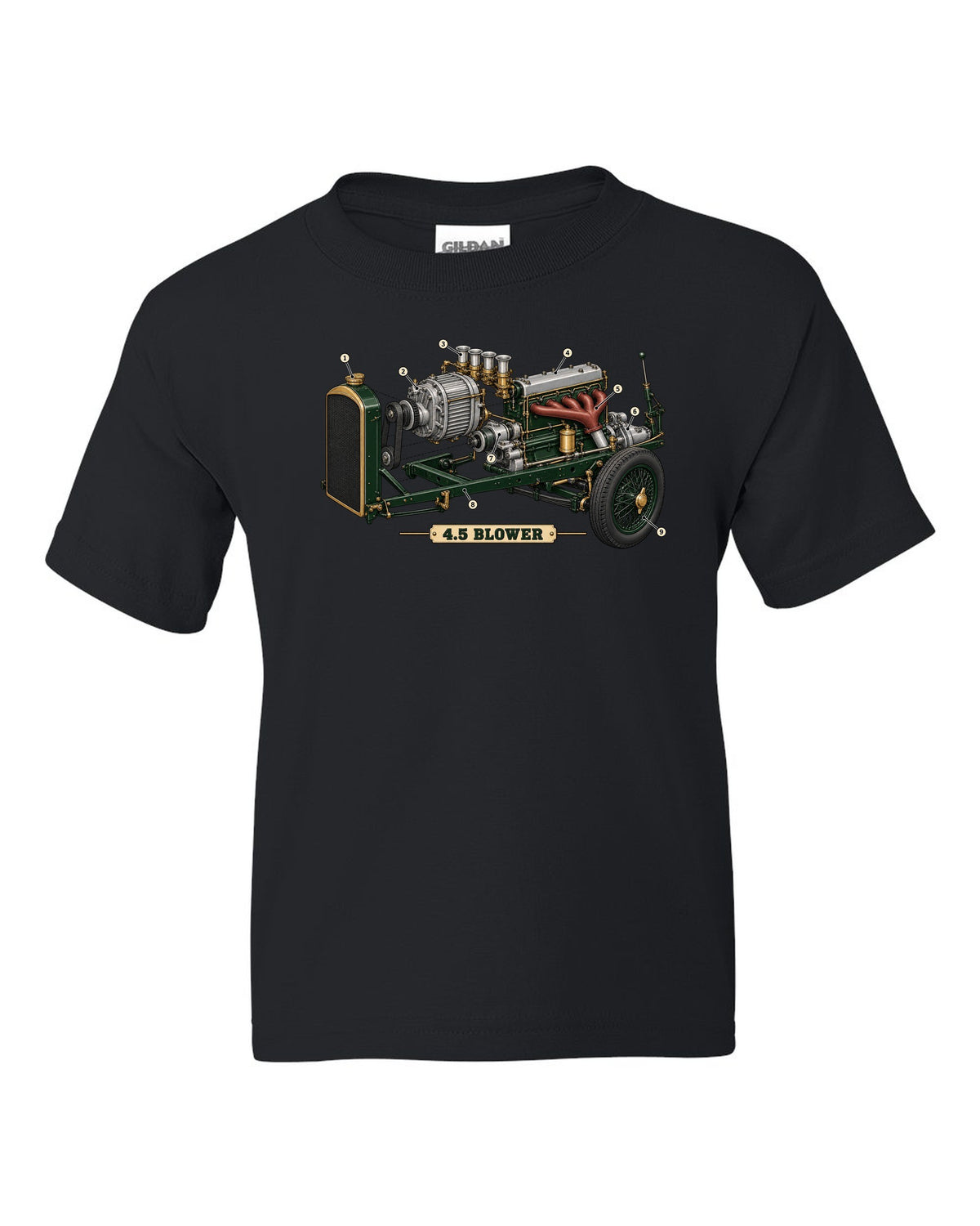 Exploded view diagram of the 1929 Bentley 4.5 Litre Blower supercharged engine with 4.5 BLOWER lettering black kids tee front view with the design