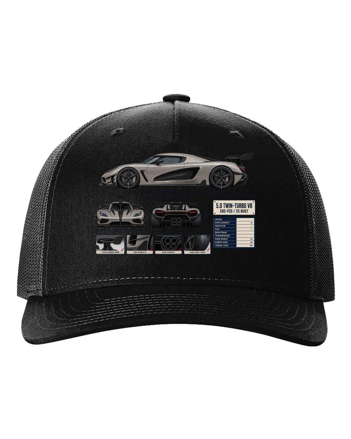Three-view and spec table print of the Koenigsegg Agera RS with the text 5.0 twin-turbo V8, E85-fed, 25 built black hat front view with the design
