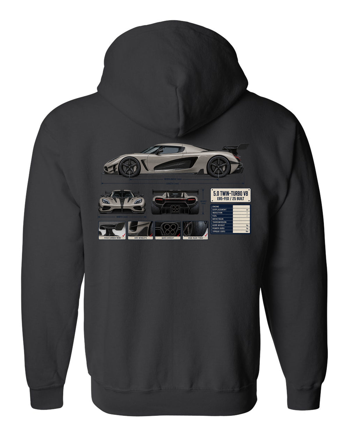 Three-view and spec table print of the Koenigsegg Agera RS with the text 5.0 twin-turbo V8, E85-fed, 25 built black zip hoodie back view with the design