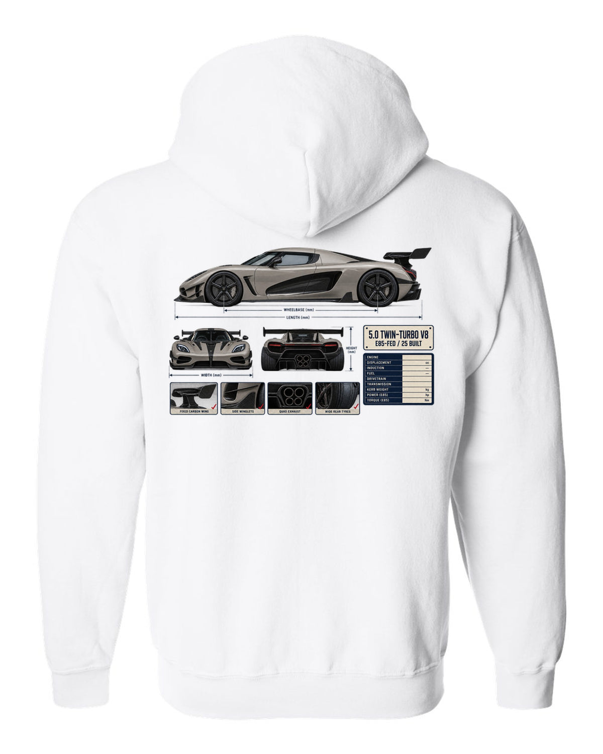 Three-view and spec table print of the Koenigsegg Agera RS with the text 5.0 twin-turbo V8, E85-fed, 25 built white zip hoodie back view with the design