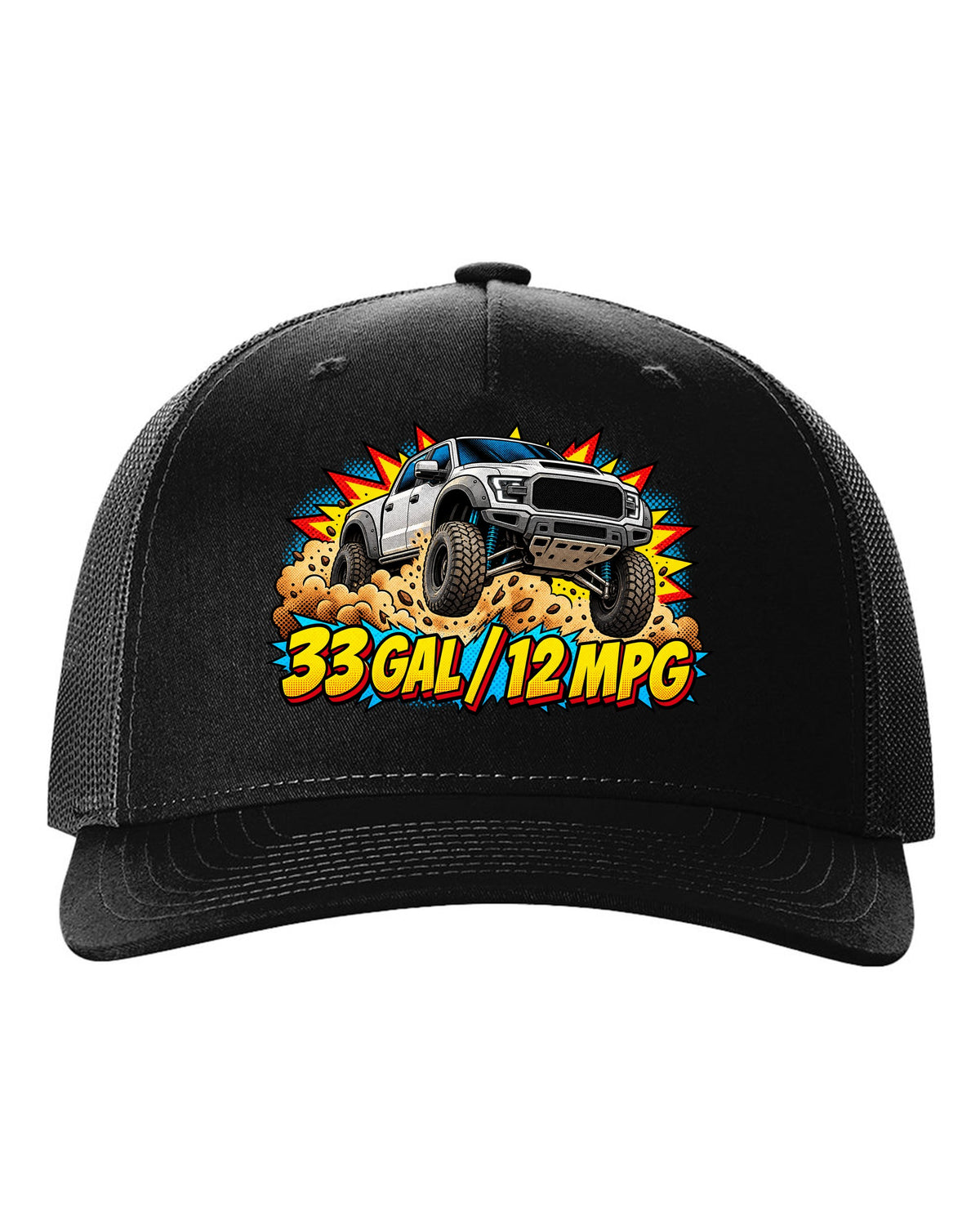 Comic halftone print of an airborne 2021-2024 Ram 1500 TRX with 33 gal 12 mpg text black hat front view with the design