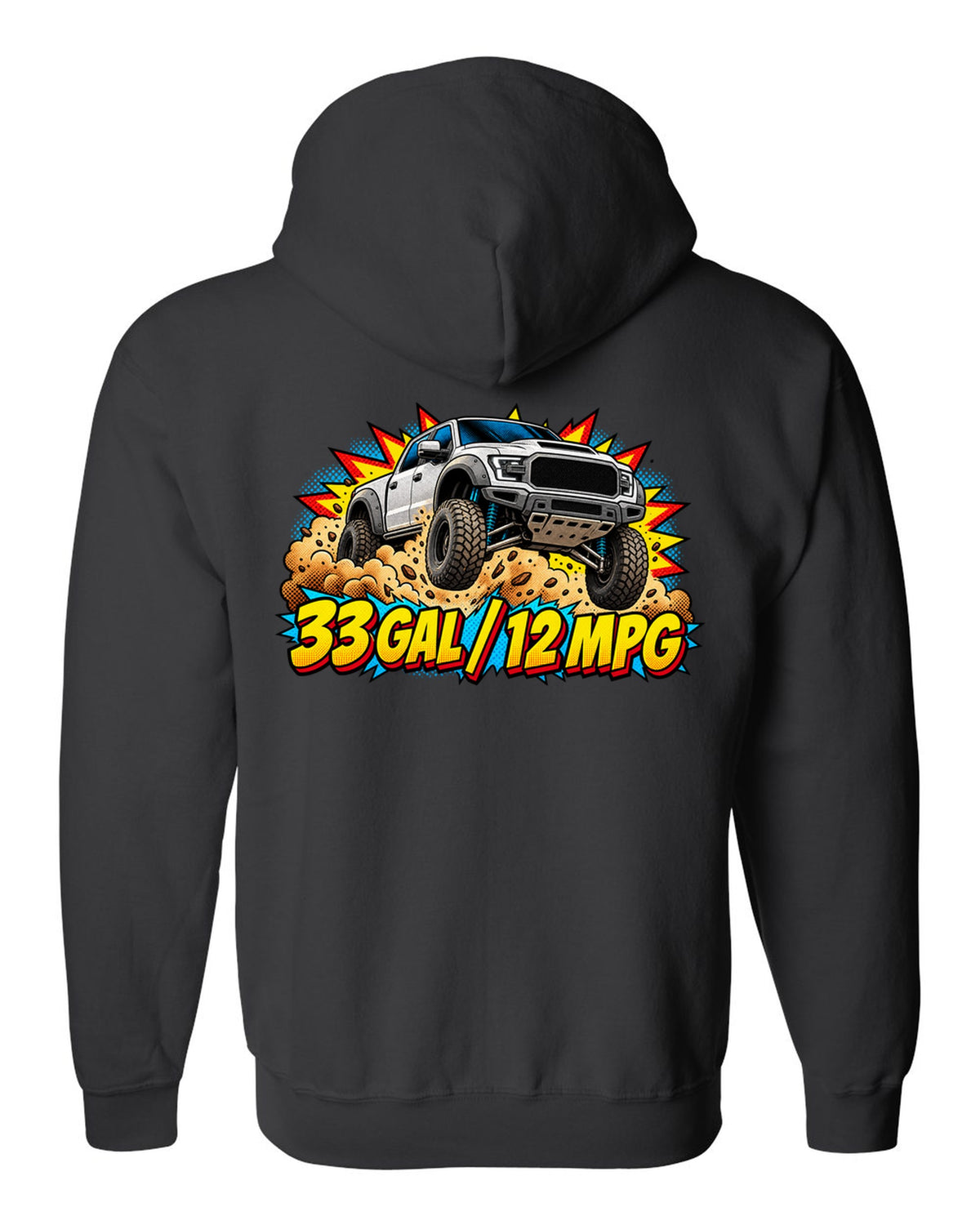 Comic halftone print of an airborne 2021-2024 Ram 1500 TRX with 33 gal 12 mpg text black zip hoodie back view with the design