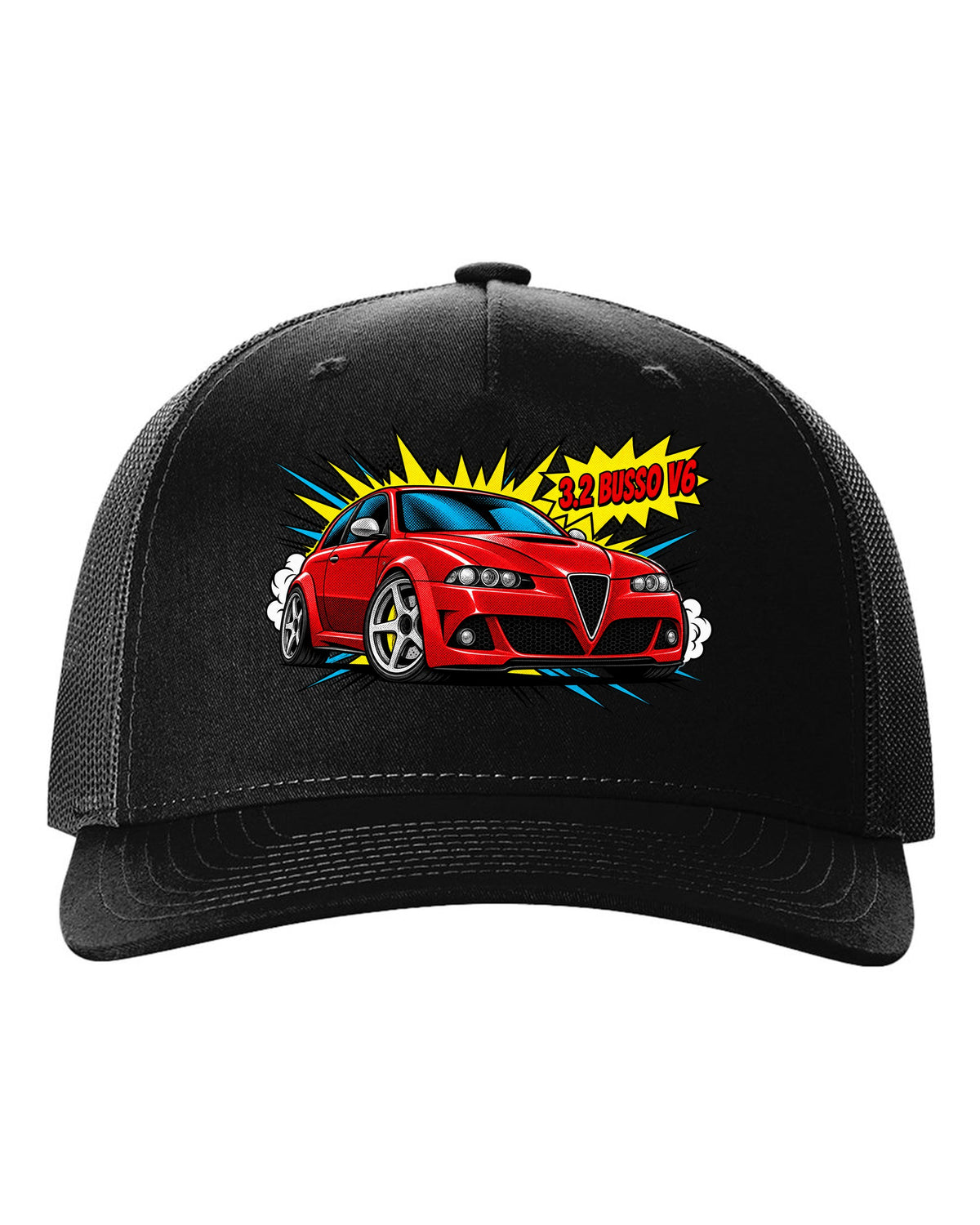 Comic halftone pop-art illustration of an Alfa Romeo 147 GTA with 3.2 Busso V6 text black hat front view with the design