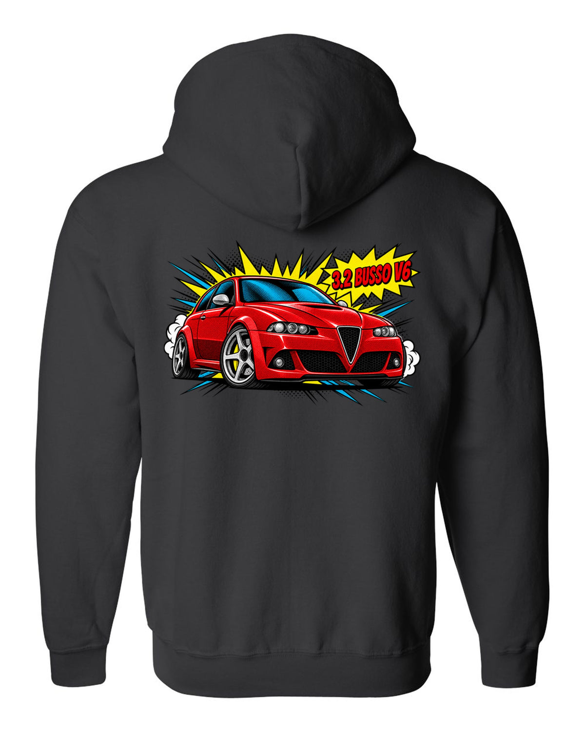 Comic halftone pop-art illustration of an Alfa Romeo 147 GTA with 3.2 Busso V6 text black zip hoodie back view with the design