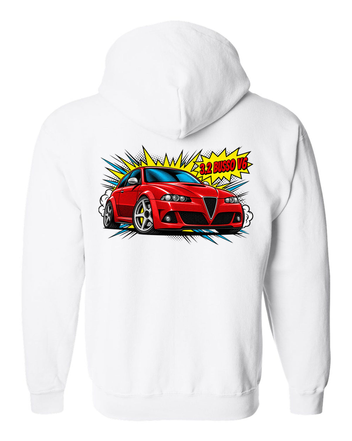 Comic halftone pop-art illustration of an Alfa Romeo 147 GTA with 3.2 Busso V6 text white zip hoodie back view with the design