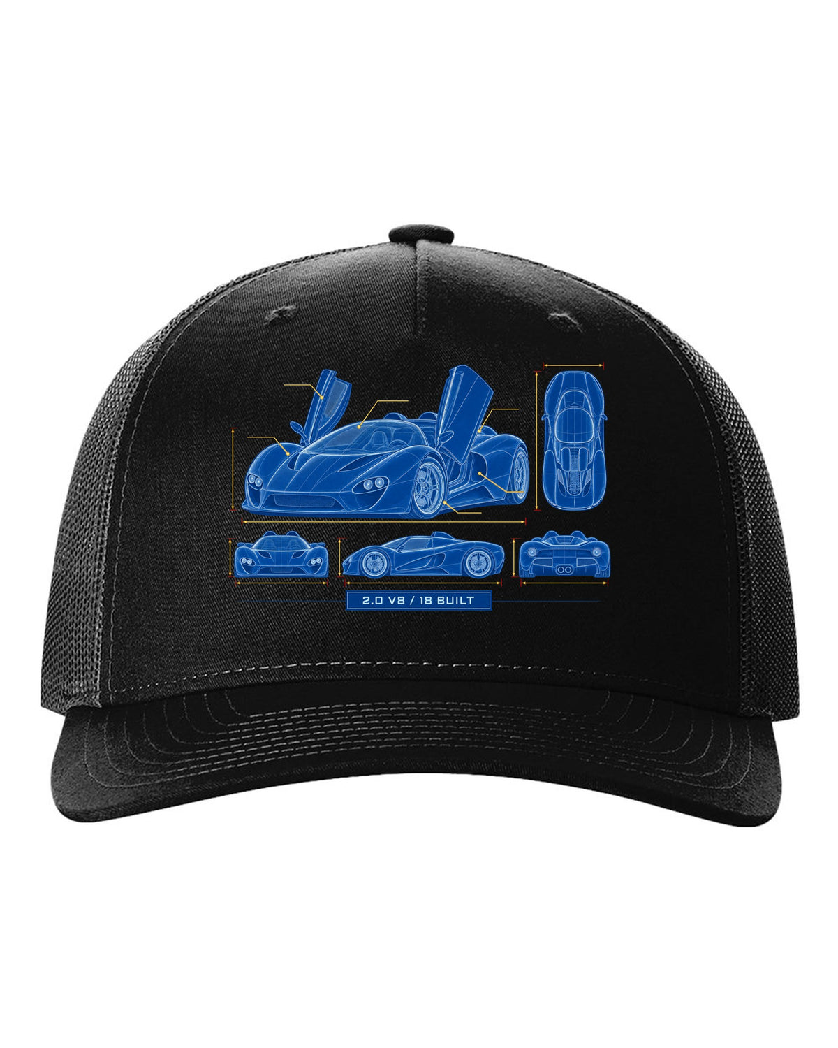Cyanotype negative blueprint of an Alfa Romeo 33 Stradale with 2.0 V8 and 18 built black hat front view with the design