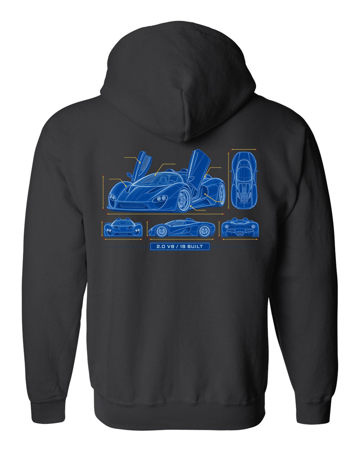 Cyanotype negative blueprint of an Alfa Romeo 33 Stradale with 2.0 V8 and 18 built black zip hoodie back view with the design
