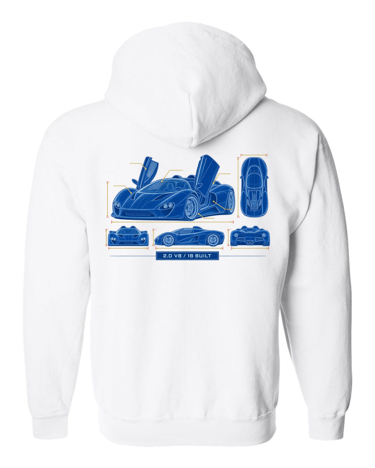 Cyanotype negative blueprint of an Alfa Romeo 33 Stradale with 2.0 V8 and 18 built white zip hoodie back view with the design