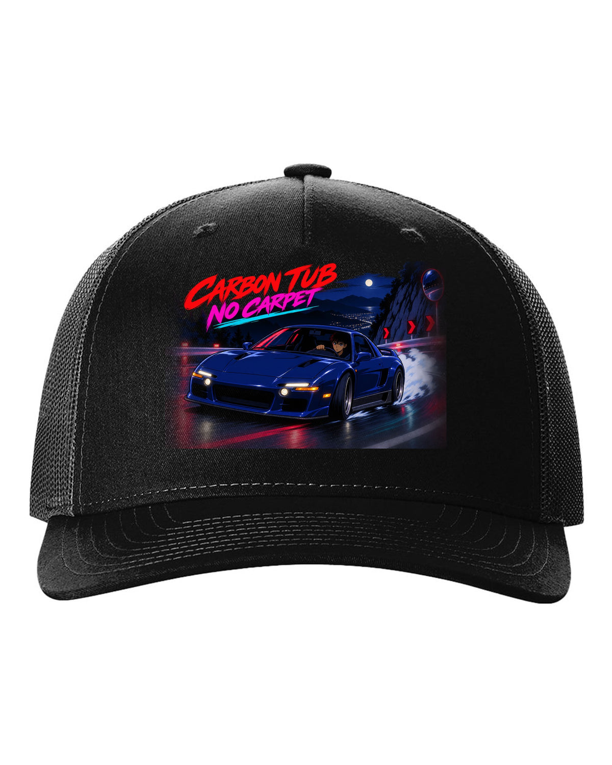Cel-shaded anime night touge scene with an Alfa Romeo 4C and carbon tub no carpet text black hat front view with the design