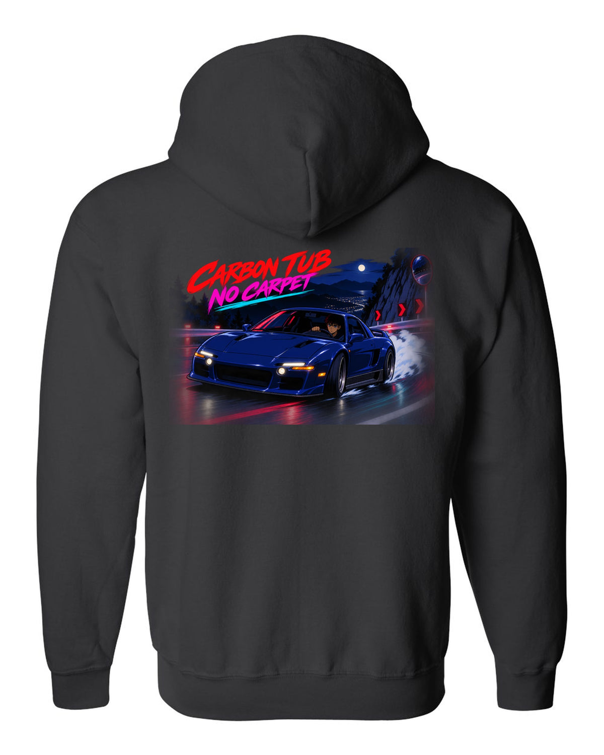 Cel-shaded anime night touge scene with an Alfa Romeo 4C and carbon tub no carpet text black zip hoodie back view with the design
