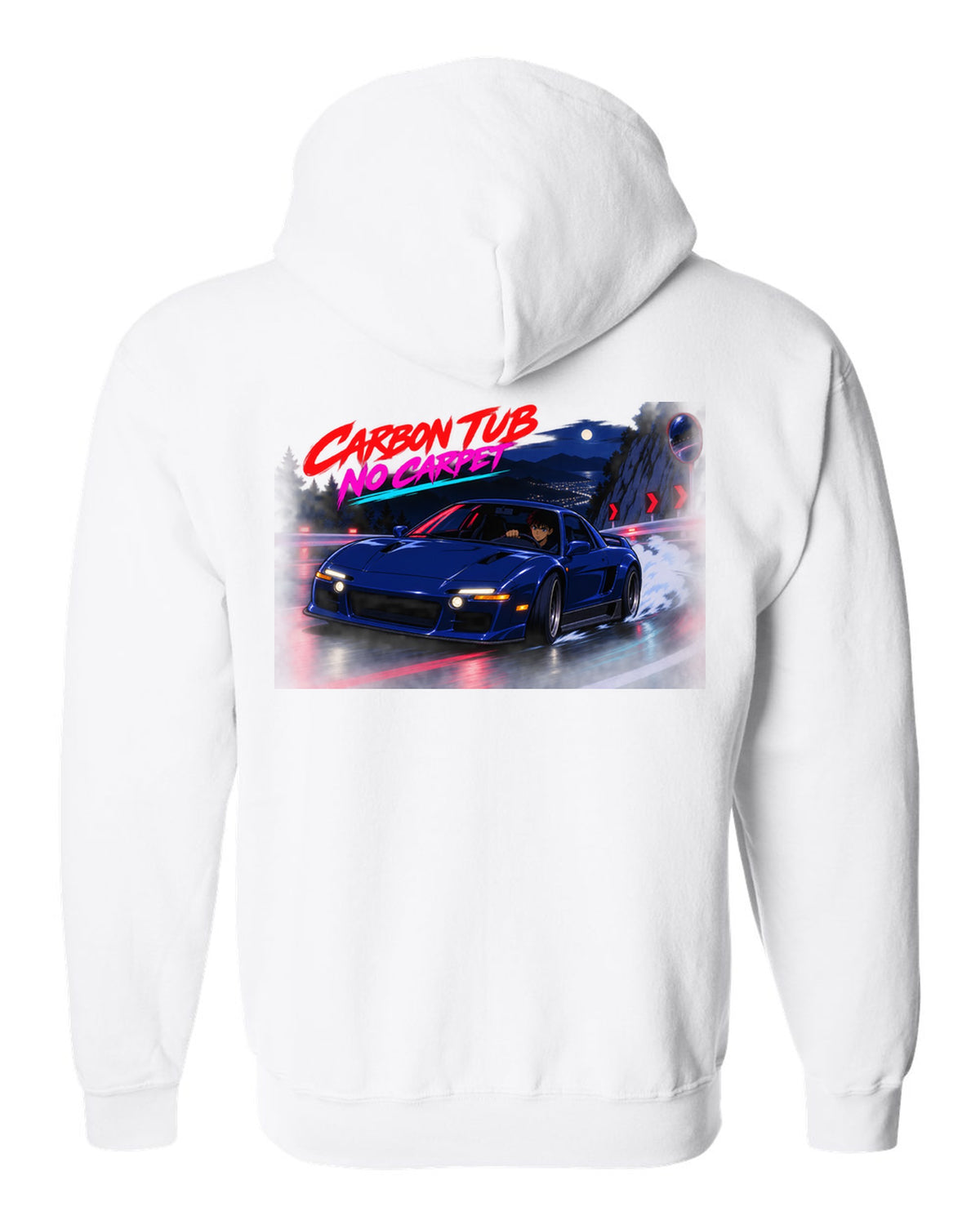 Cel-shaded anime night touge scene with an Alfa Romeo 4C and carbon tub no carpet text white zip hoodie back view with the design