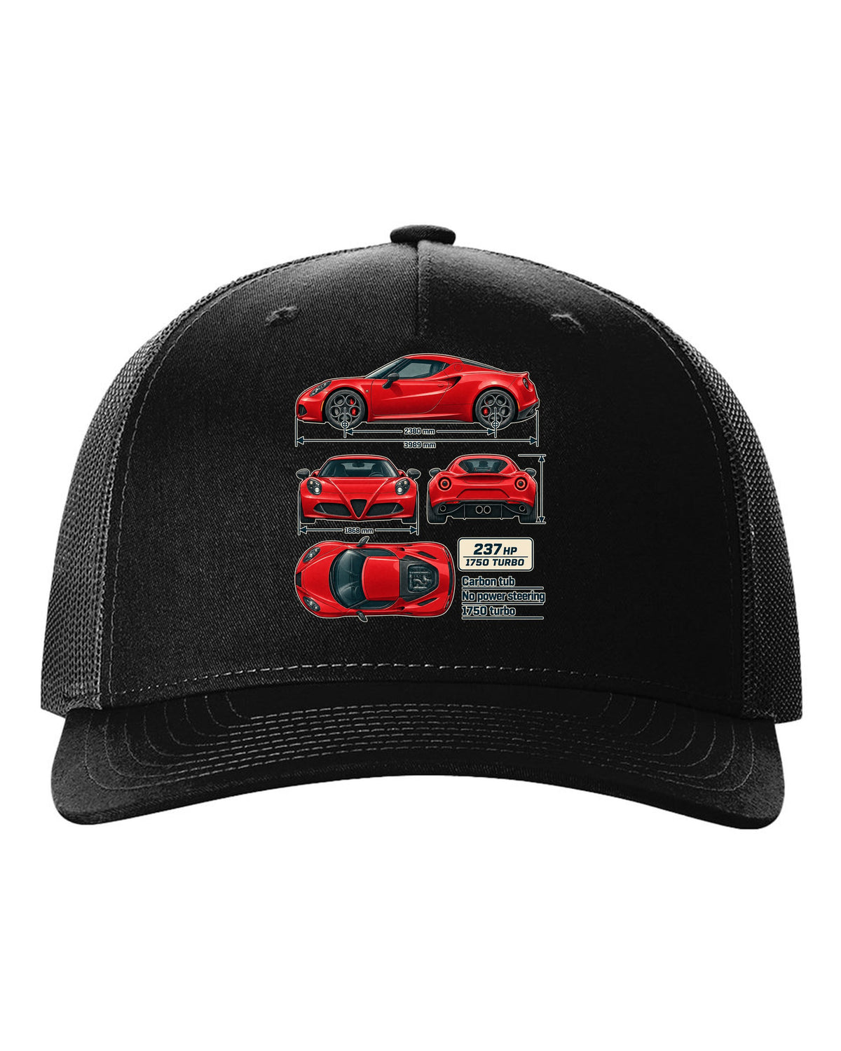 Dimension blueprint print of the Alfa Romeo 4C coupe with carbon tub and 1750 turbo callouts black hat front view with the design