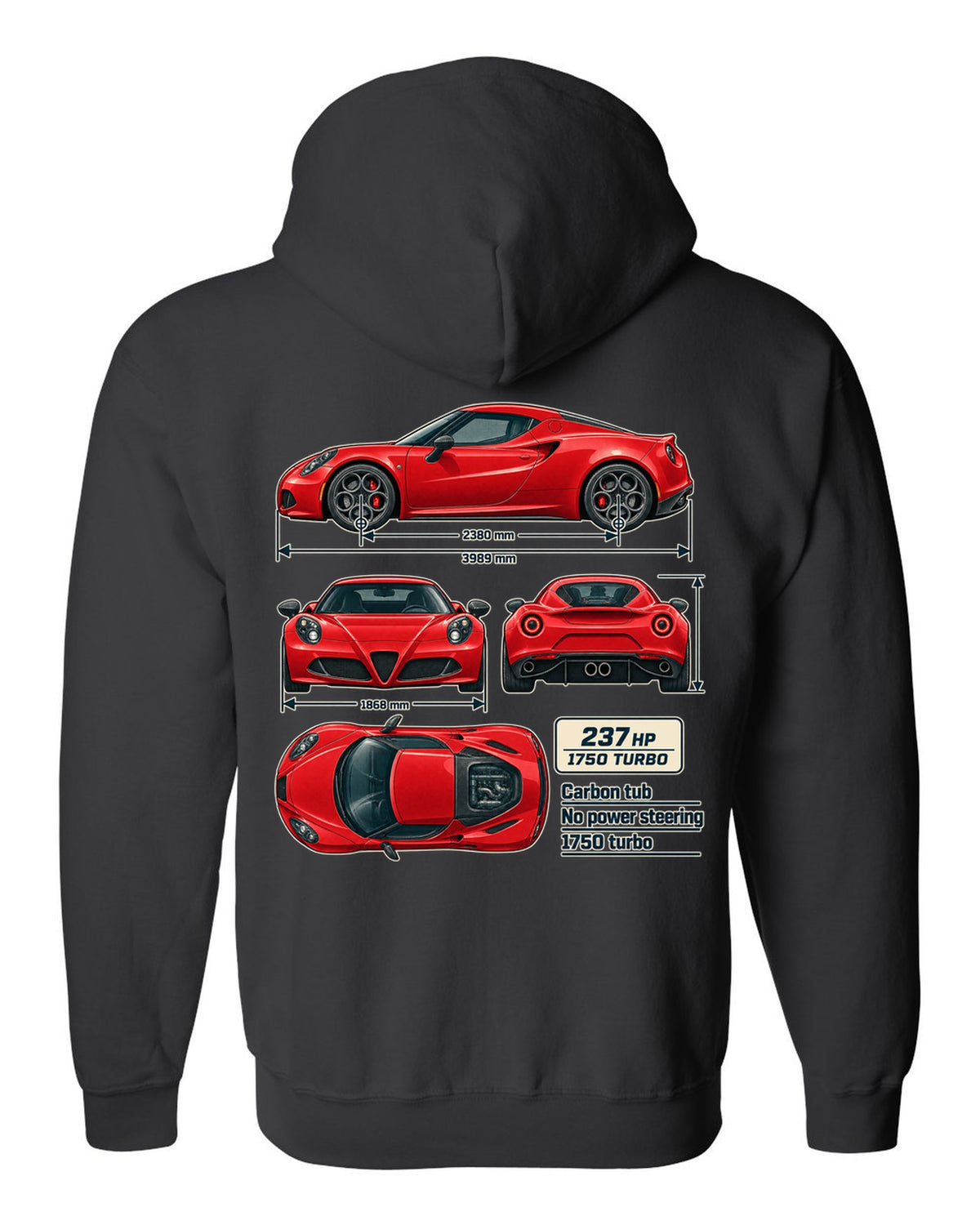 Dimension blueprint print of the Alfa Romeo 4C coupe with carbon tub and 1750 turbo callouts black zip hoodie back view with the design