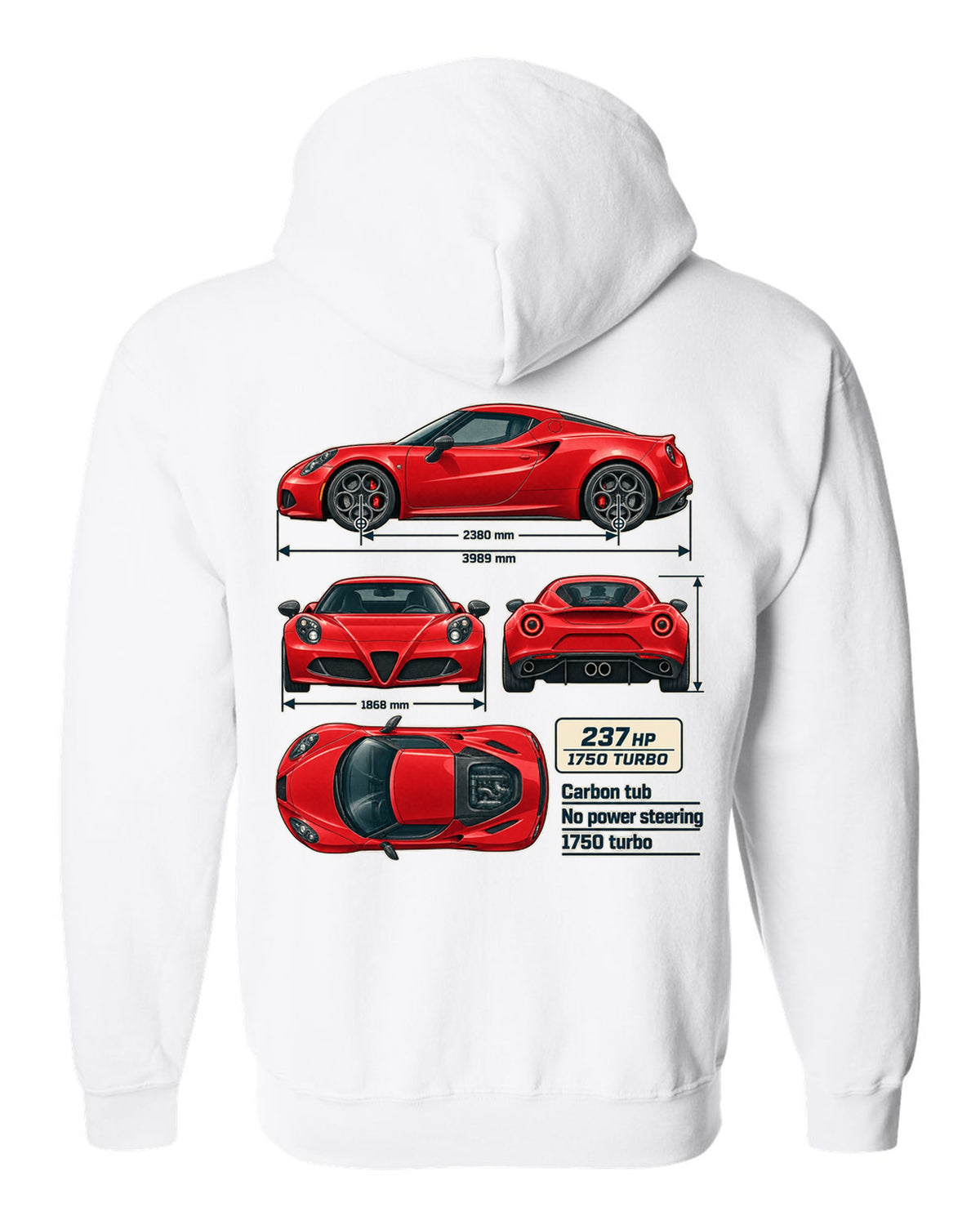 Dimension blueprint print of the Alfa Romeo 4C coupe with carbon tub and 1750 turbo callouts white zip hoodie back view with the design