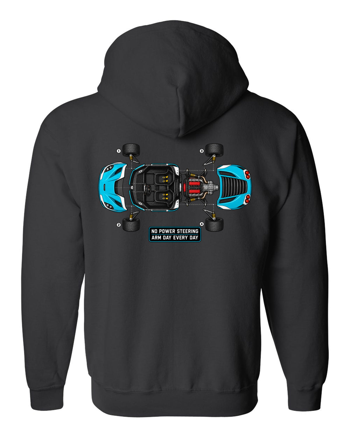 Blueprint exploded view of an Alfa Romeo 4C with no power steering arm day text black zip hoodie back view with the design