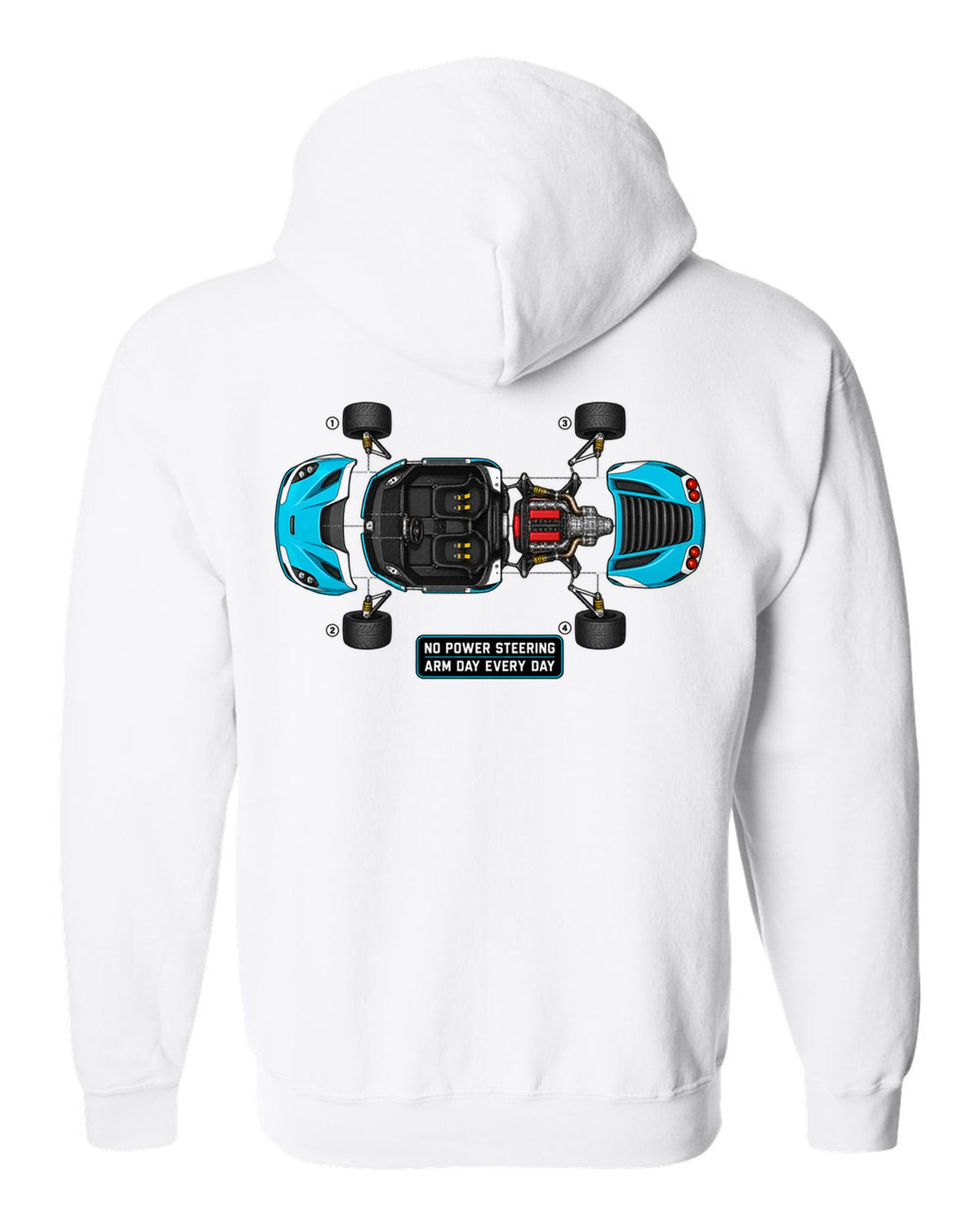 Blueprint exploded view of an Alfa Romeo 4C with no power steering arm day text white zip hoodie back view with the design