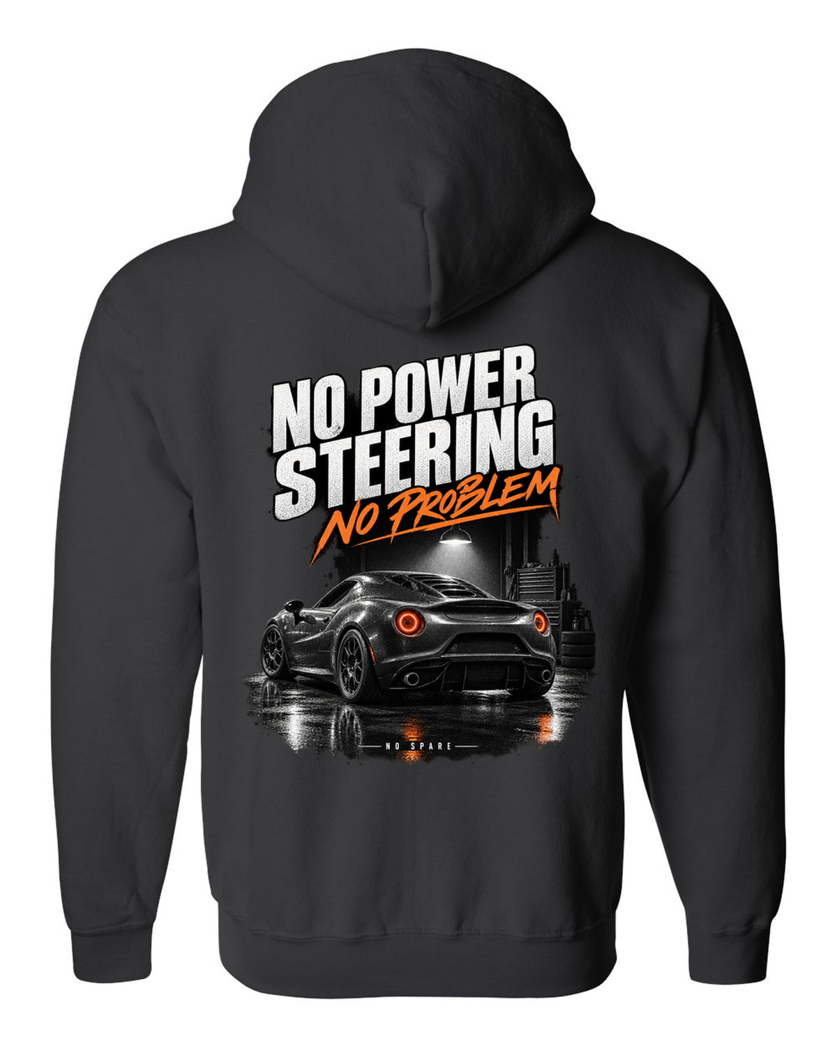 Garage night print of an Alfa Romeo 4C with no power steering no spare text black zip hoodie back view with the design