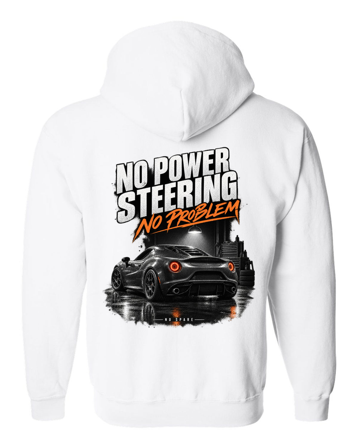 Garage night print of an Alfa Romeo 4C with no power steering no spare text white zip hoodie back view with the design